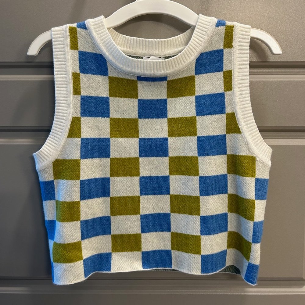 Princess Polly Cropped Jaylen Tank Top, Size S/M, Green/Blue/White Checkered
